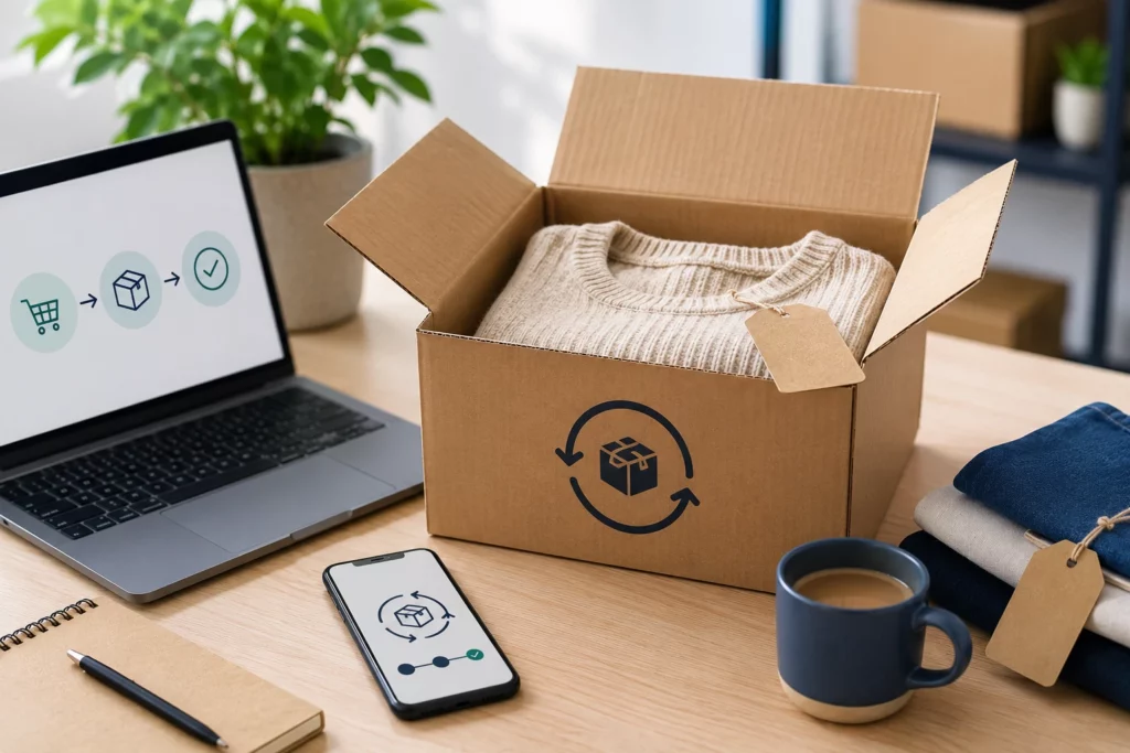 Colis de retour e-commerce ouvert avec un pull et son étiquette, portail de retour sur ordinateur et smartphone