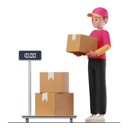 Logistique Futurlog. Un homme est debout et pèse des cartons de commandes avant de les livrer.