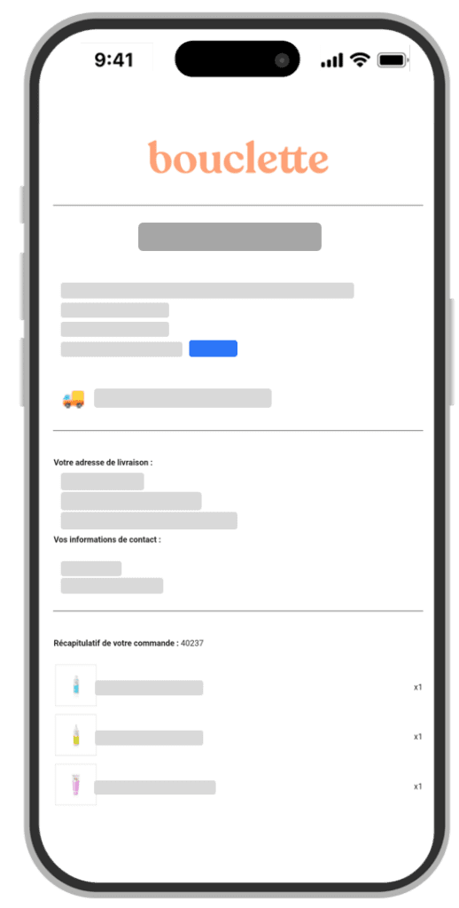 Exemple d'un email de tracking personnalisé pour un de nos clients e-commerce (version mobile)