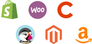Logo Shopify, Woocommerce, cdiscount, prestashop, magento, amazon